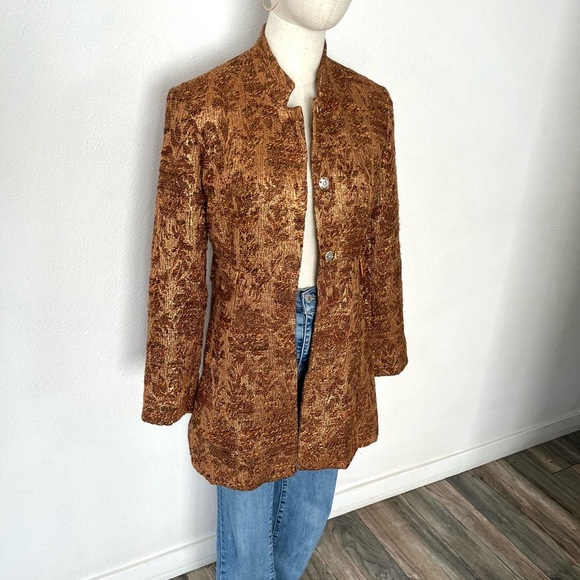 Vintage Festive 100% Silk Lined Gold & Brown Long Blazer Jacket - Picture 5 of 7